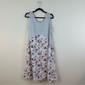Cut Loose Sleeveless Mixed-Print Sundress in Light Blue and Floral Linen Large